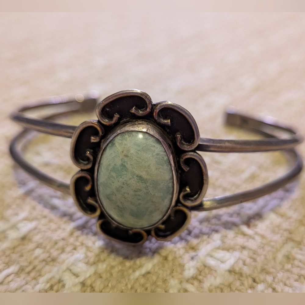Vintage Genuine Sterling Silver Aquamarine Gemstone Cuff - Picture 3 of 3